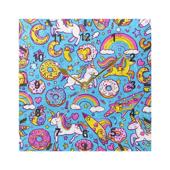 Unicorns Donuts Rainbow Wall Clock Battery Operated Silent Non-Ticking Bedroom Office Kitchen Home School Decor 7.8"(Gold)