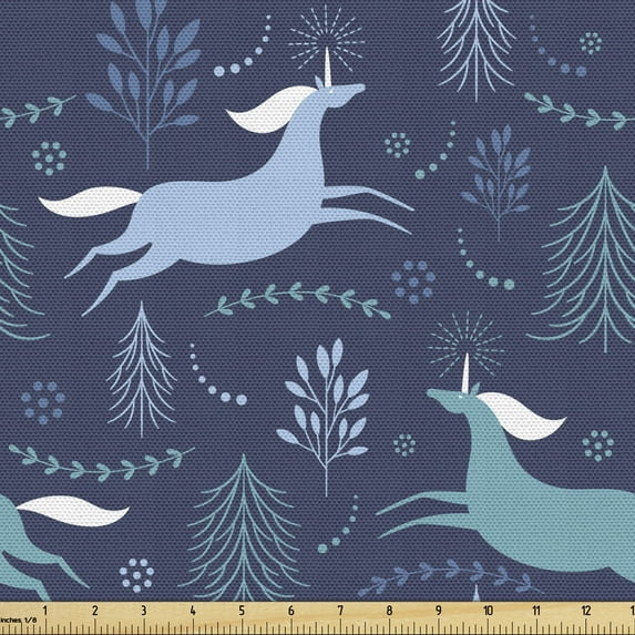 Ambesonne Unicorns Fabric by the Yard Upholstery, Fantasy World Flying Horse, 10 Yards, Dark Lavender Sky Blue