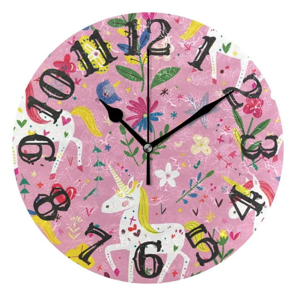 Unicorns Flowers Leaves 10 inch Wall Clocks Non Ticking Easy to Read Battery Decorative for Home Bathroom Kitchen Bedroom Living Room