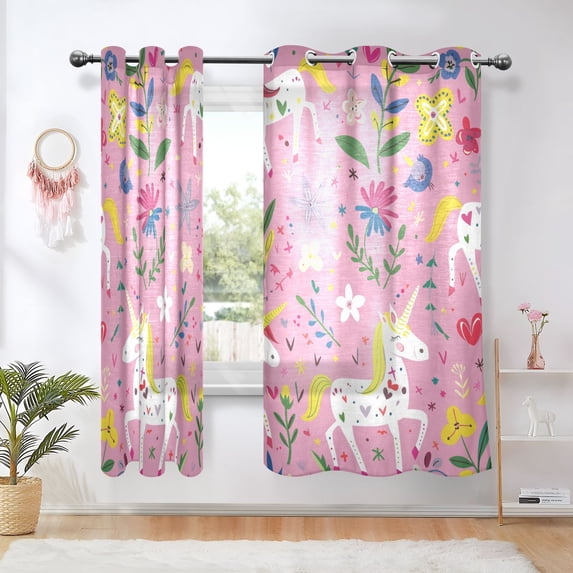 Unicorns Flowers Leaves Blackout Curtains Thermal Insulation 63 inch Grommet for Bedroom Living Room Bathroom Kitchen Windows 2 Pack