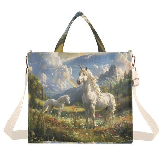 Unicorns Grassland Sky and Ainbow Corduroy Tote Bag Handbag Large Messenger Bag Shoulder Crossbody Zipper Bag Purse