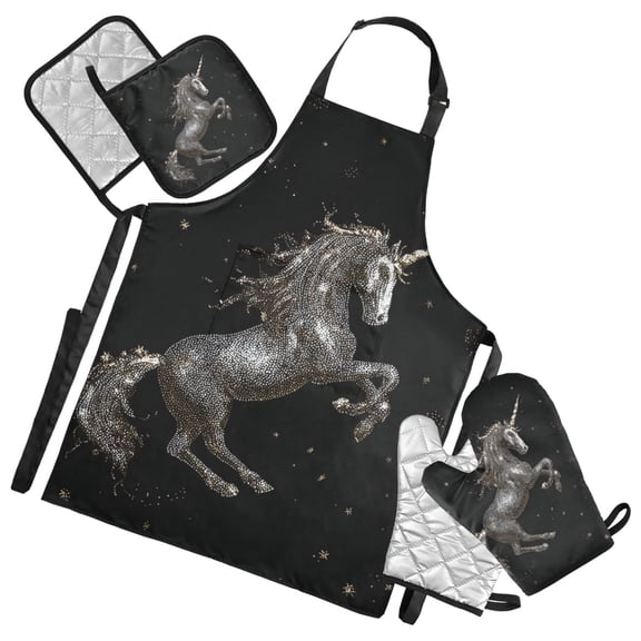 Unicorns Jumping Apron Set with Oven Mitts Pot Holders Set of 5 Kitchen Stuff Accessories