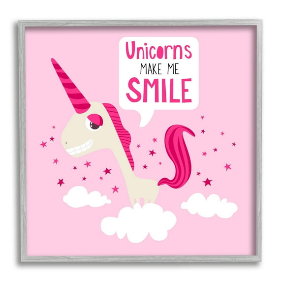 Unicorns Make Me Smile Phrase Happy Pink Unicorn Typography Framed Art Print Wall Art, 17x17