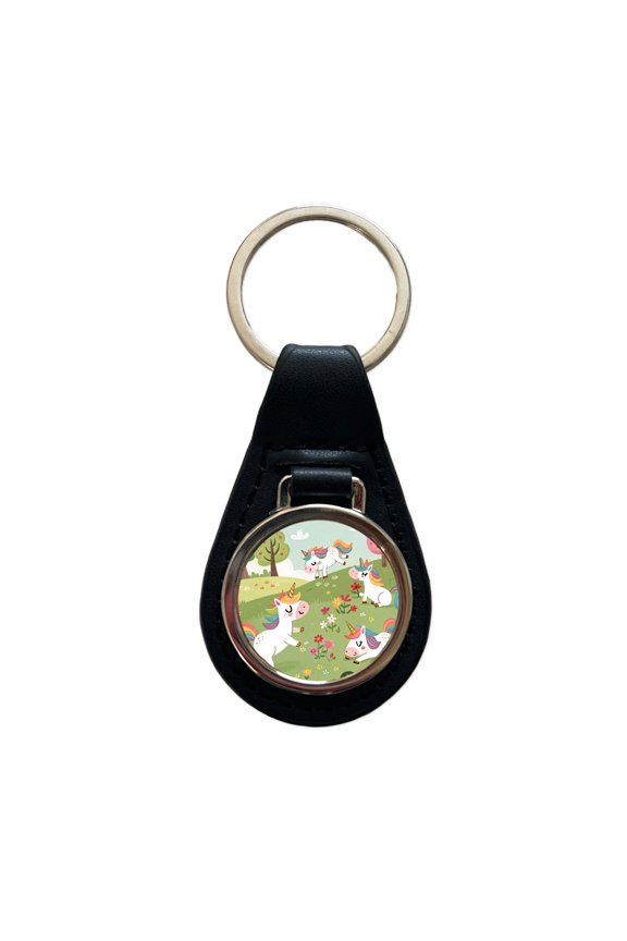 Unicorns Playing Cute Metal Black Leather Keychain