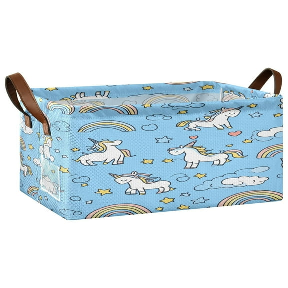 Unicorns Rainbows Blue Pattern Storage Basket Soccer Plaid Fabric Hoard Box Oversized Collapsible Closet Organizer with Metal Iron Frame 16.911.47.7in