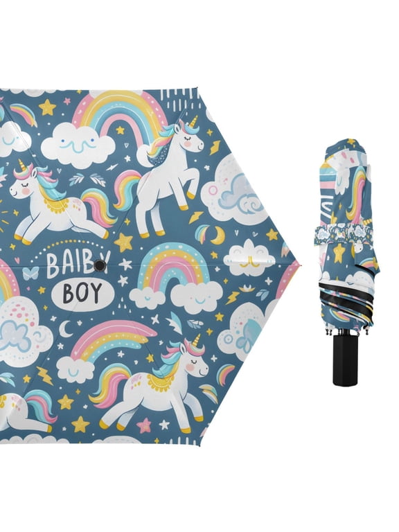 Unicorns Rainbows Clouds Compact Sun Umbrella Windproof Travel Umbrellas for Rain Strong Portable UV Protection