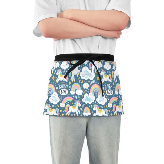 Unicorns Rainbows Clouds Server Apron with 3 Pockets Waterproof Waitress Waist Short Apron for Man Woman 12 Inches