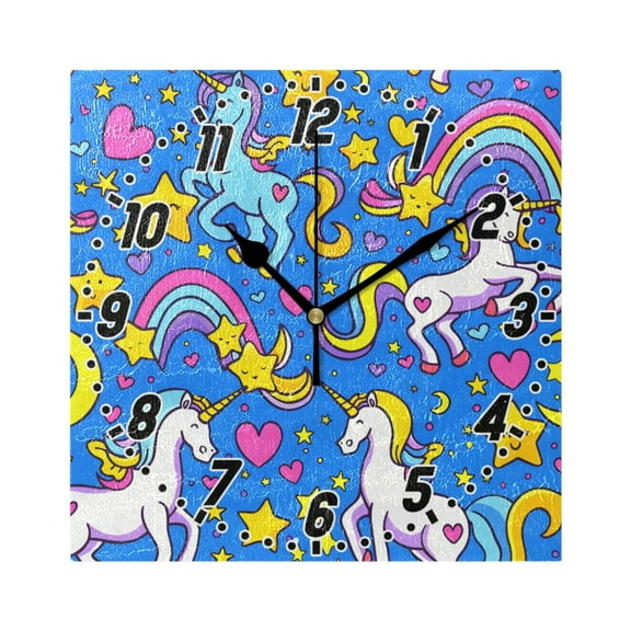 Unicorns Rainbows Stars Hearts Wall Clock Battery Operated Silent Non-Ticking Bedroom Office Kitchen Home School Decor 7.8"(Black)