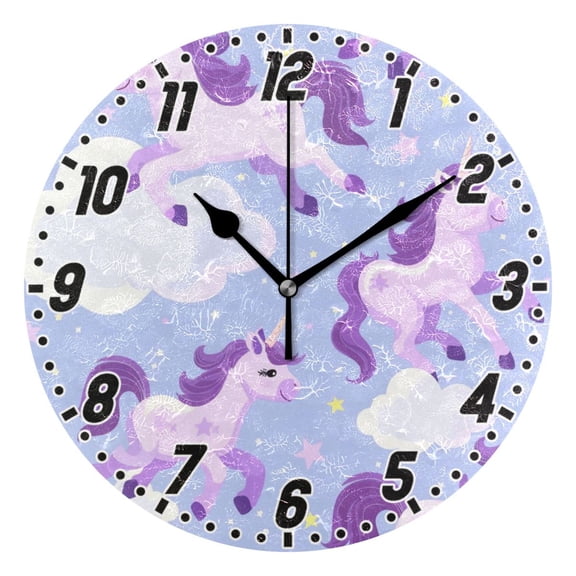 Unicorns Running in Sky Round Wall Clock Battery Operated Silent Non-Ticking Bedroom Office Kitchen Home School Decor 10"(Black)