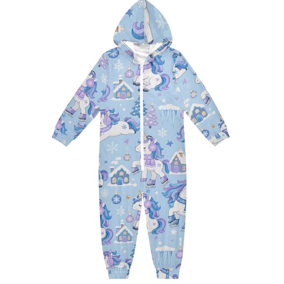 Unicorns Snowflakes Boys & Girls Hooded One-Piece Pajamas Warm Crystal velvet Hooded Long Sleeve Loungewear Jumpsuit Unisex