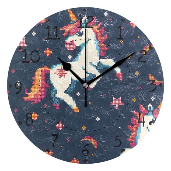 Unicorns Stars Moon Pixel Style Round Wall Clock Silent Analog Battery Operated Black Pointer Home Decor 9.84" Diameter