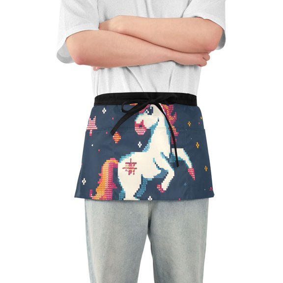 Unicorns Stars Moon Pixel Style Short Server Apron with 3 Pockets for Unisex Chef Gardening