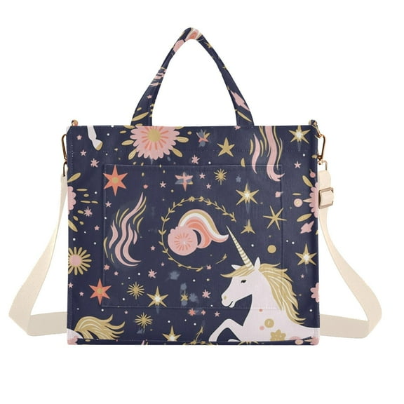 Unicorns Stars and Flowers Corduroy Tote Bag Handbag Large Messenger Bag Shoulder Crossbody Zipper Bag Purse