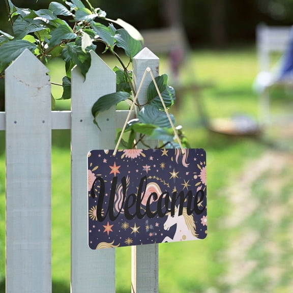 Unicorns Stars and Flowers Welcome Sign for Front Door Porch Wreath Door Sign Home Decoration Rustic Farmhouse Style