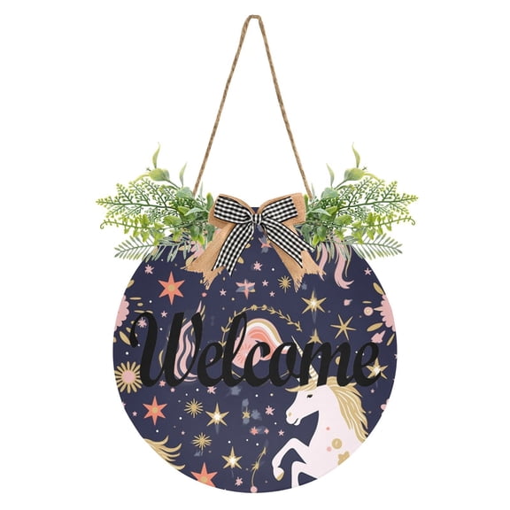 Unicorns Stars and Flowers Welcome Sign for Front Door Wreath Door Sign for Farmhouse Porch Decoration Indoor Outdoor
