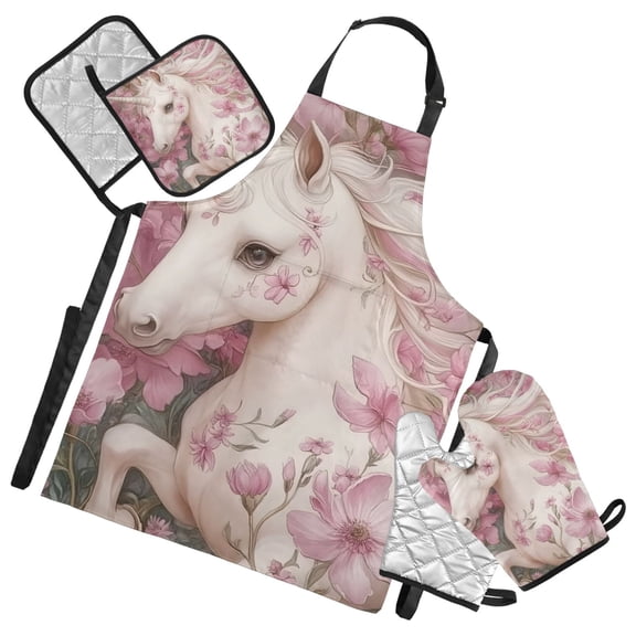 Unicorns and Flowers Oven Mitts and Pot Holders with Chef Apron Set 5 Pcs Kitchen Cooking Set