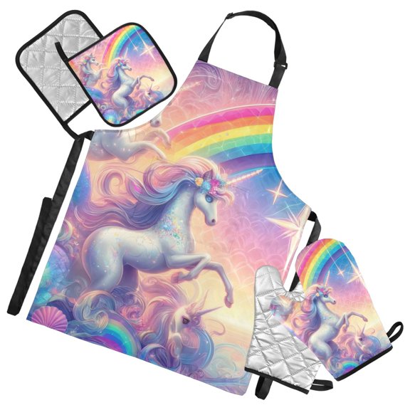 Unicorns and Rainbow 5 Pcs Kitchen Set Heat Resistant Oven Mitts and Non-Slip Pot Holders with Adjustable Cooking Apron