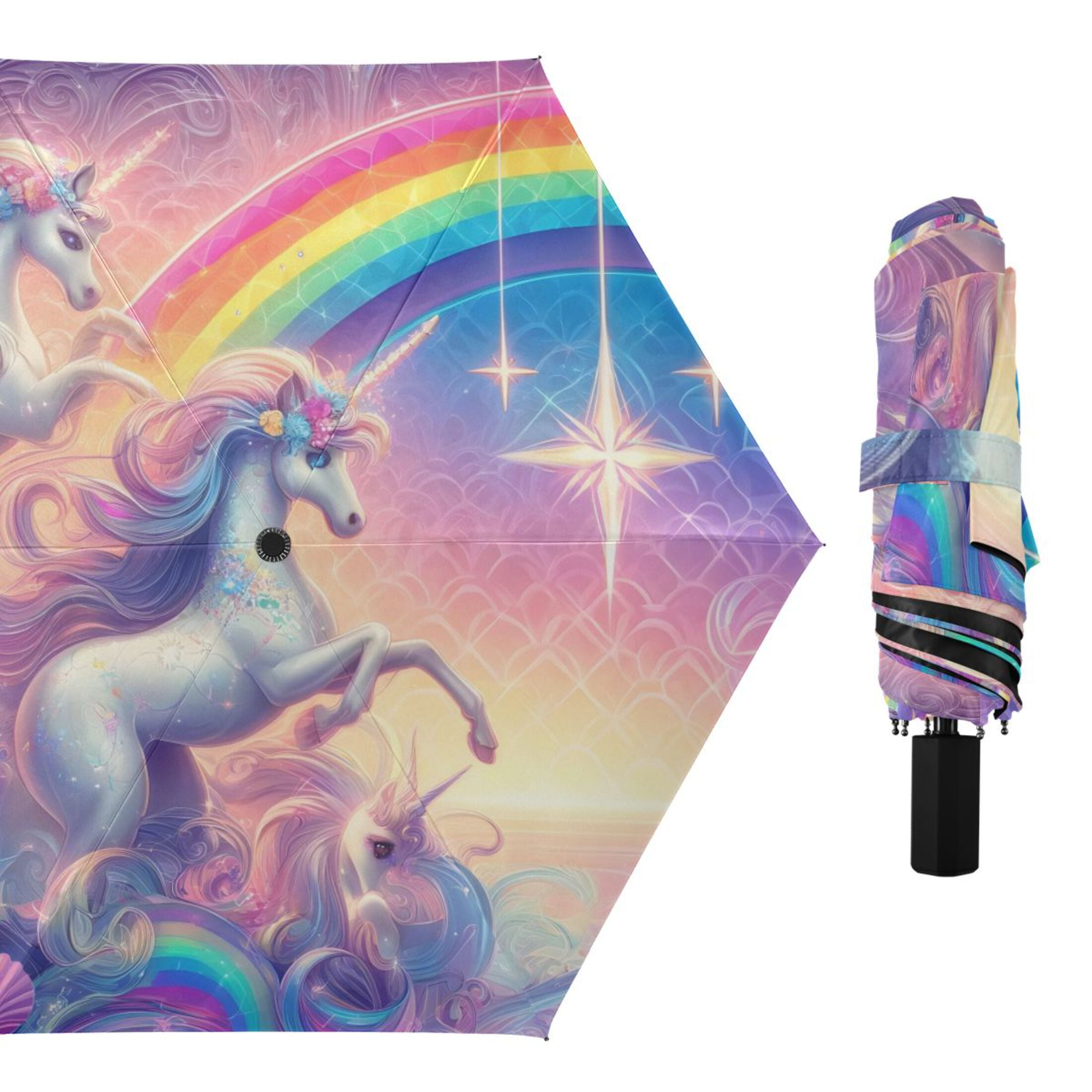 Unicorns and Rainbow Compact Sun Umbrella Windproof Travel Umbrellas for Rain Strong Portable UV Protection