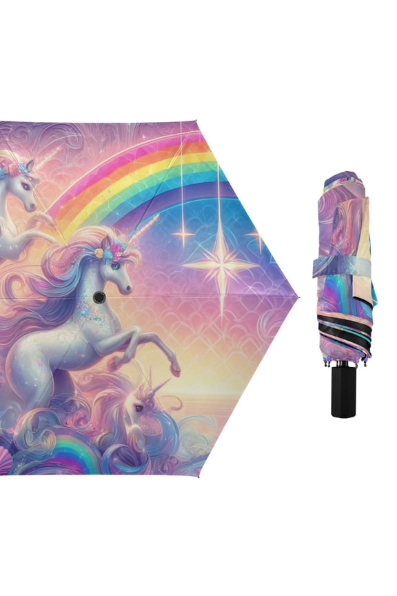 Unicorns and Rainbow Compact Sun Umbrella Windproof Travel Umbrellas for Rain Strong Portable UV Protection