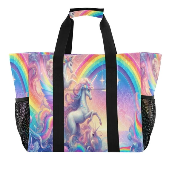 Unicorns and Rainbow Reusable Grocery Bags with Handle Side Pocket Waterproof Shopping Portable Tote