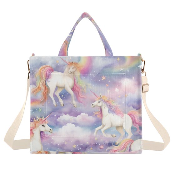 Unicorns and Rainbows Clouds Stars Corduroy Tote Bag Handbag Large Messenger Bag Shoulder Crossbody Zipper Bag Purse