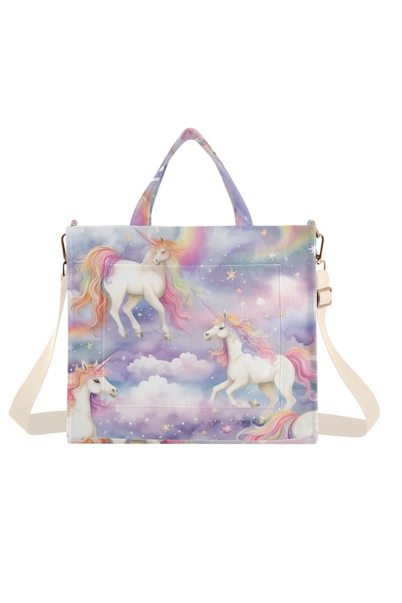 Unicorns and Rainbows Clouds Stars Corduroy Tote Bag Handbag Large Messenger Bag Shoulder Crossbody Zipper Bag Purse