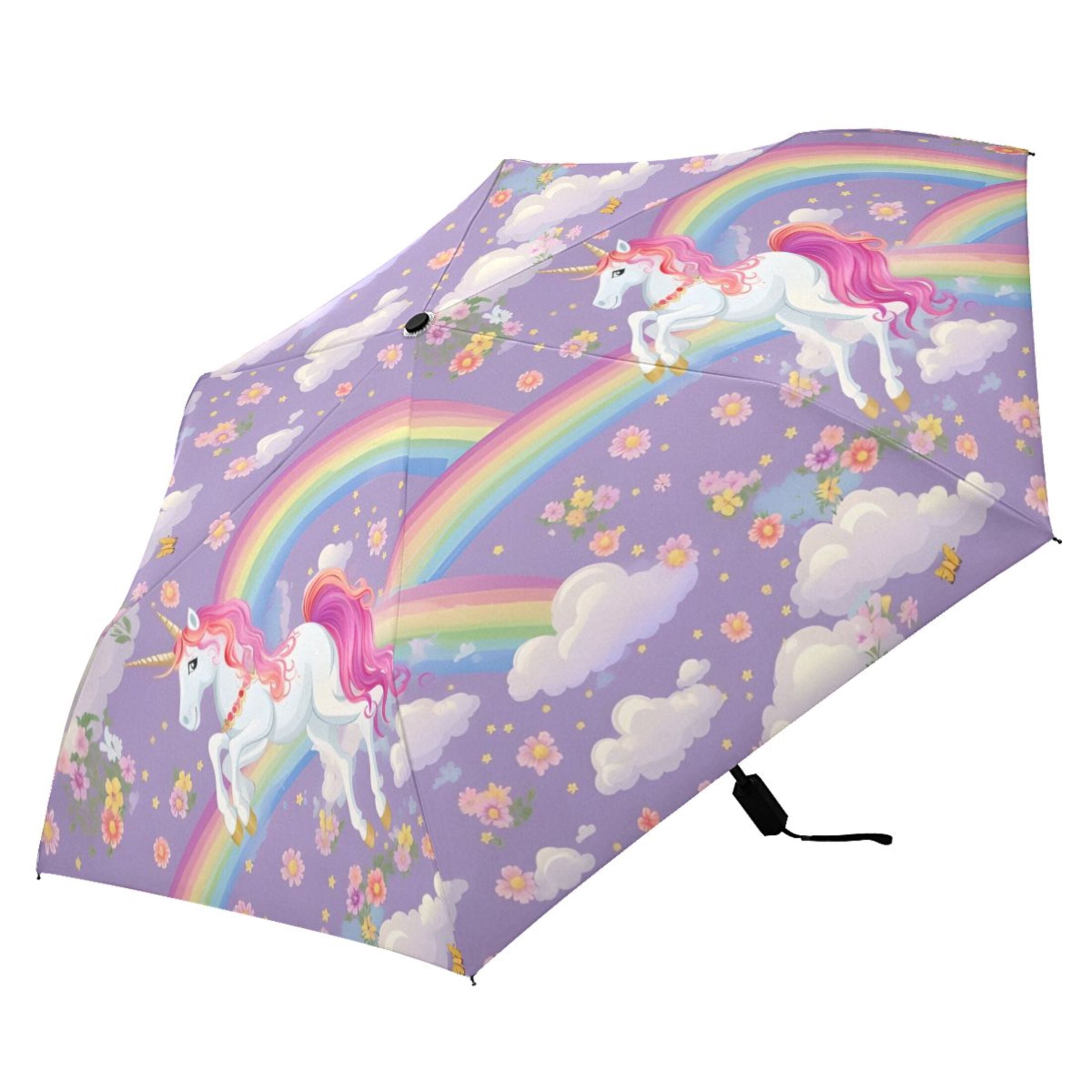Unicorns and Rainbows Compact Folding Umbrella for Rain Windproof Travel Umbrella UPF 50+ Lightweight Packable Arc Size