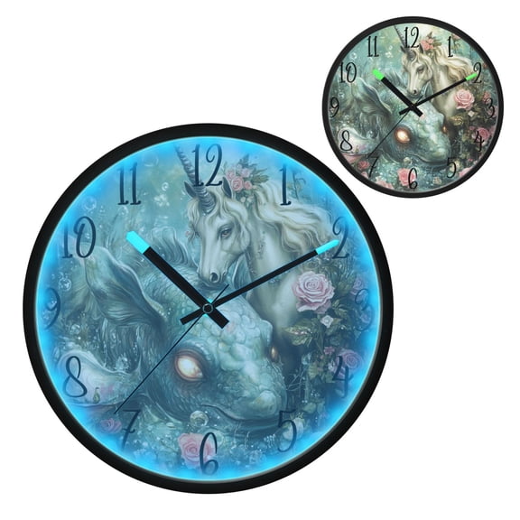 Unicorns and Sea Fish Luminous Wall Clock with Sound-Activated LED 12-Inch Silent Acrylic Timepiece for Bedroom Livingroom or Office