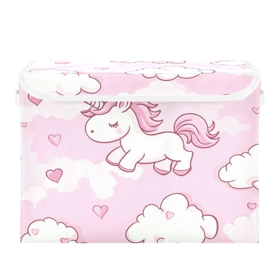 Unicorns on Clouds Hearts Valentine Foldable Storage Bin with Lid and Handle Collapsible Storage Box 16.5 x 12.6 x 11.8 inches