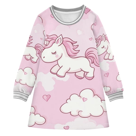 Unicorns on Clouds Hearts Valentine Long-sleeved Dress A-line One-Piece Dress for 2-8 Years Casual Party 3T