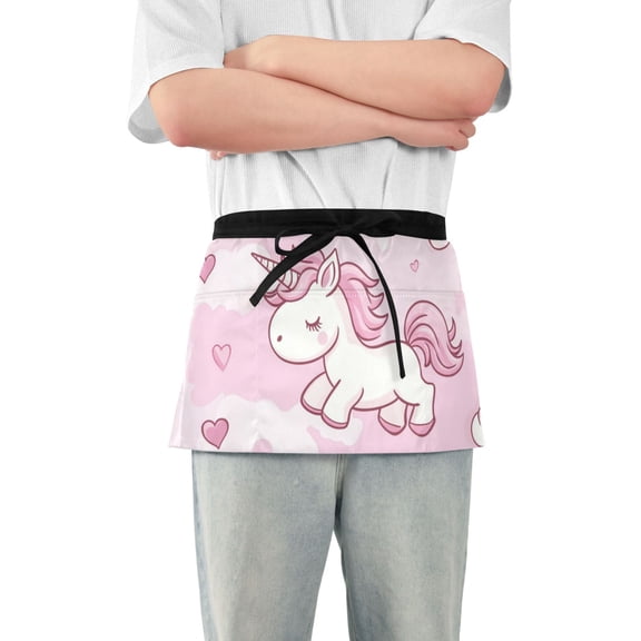 Unicorns on Clouds Hearts Valentine Short Server Apron with 3 Pockets for Unisex Chef Gardening