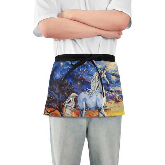 Unicorns under Starry Night Short Server Apron with 3 Pockets for Unisex Chef Gardening