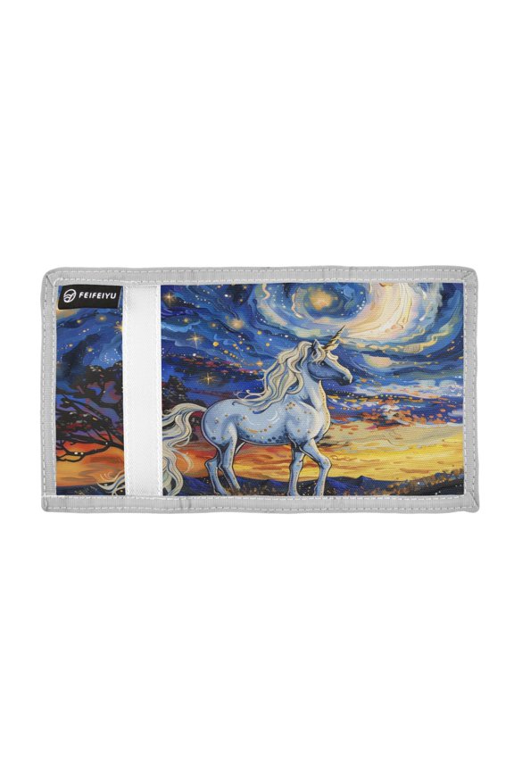 Unicorns under Starry Night Trifold Wallets Card Holders Coin Pockets with Lanyards Portable Unisex