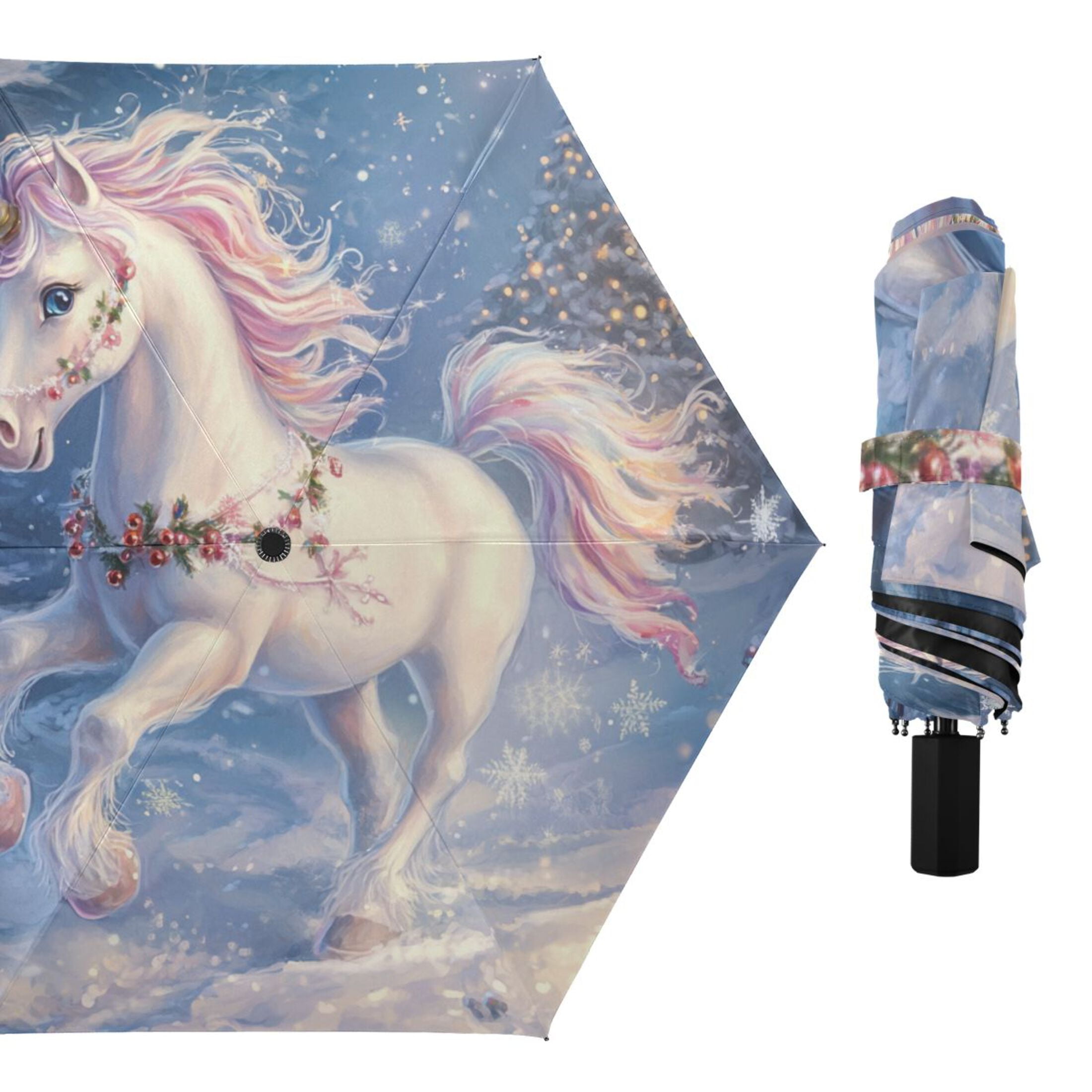 Unicorns with Christmas Elements All Weather Umbrella Triple Folding Parasol 6 Ribs UV Protection Portable