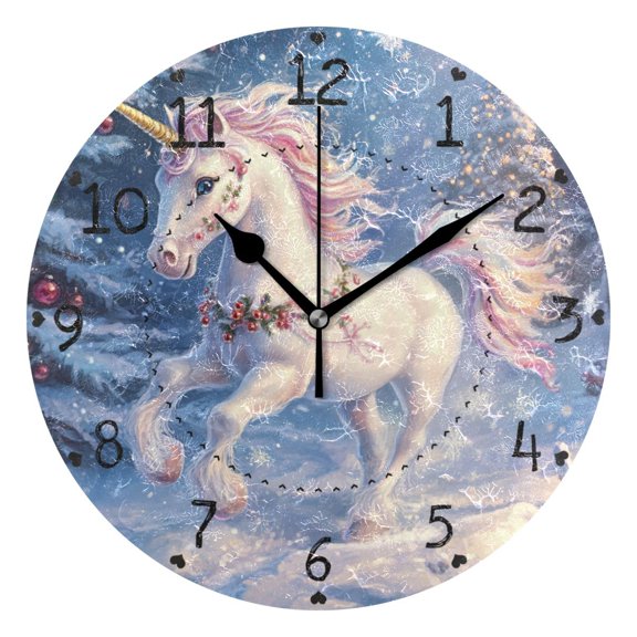 Unicorns with Christmas Elements Round Wall Clock Silent Analog Battery Operated Black Pointer Home Decor 9.84" Diameter