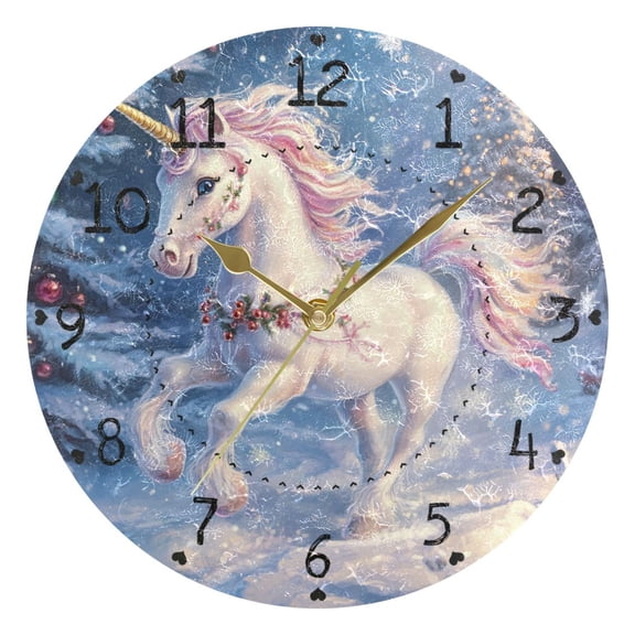 Unicorns with Christmas Elements Round Wall Clock Silent Analog Battery Operated Gold Pointer Home Decor 9.84" Diameter