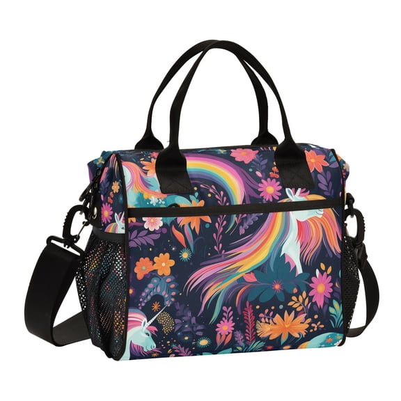 Unicorns with Flowers Leaves Cooler Bag Lunch Bag Soft Cooler Cooling Tote Insulated Lunch Box for Adult Men Women