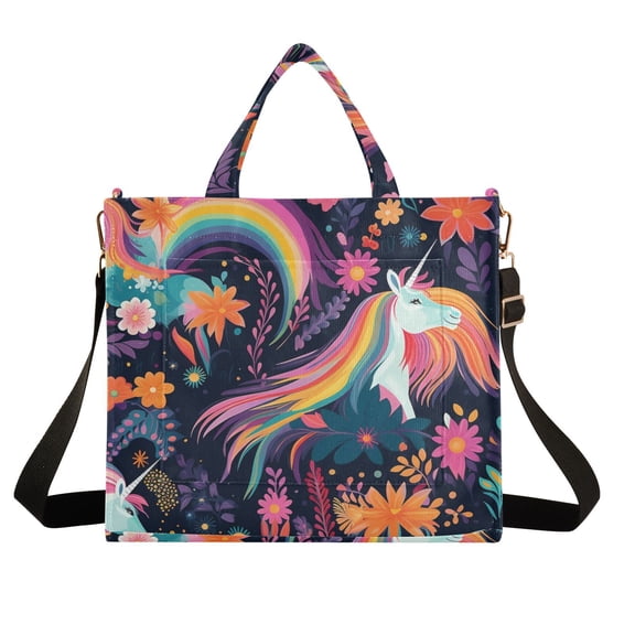Unicorns with Flowers Leaves Corduroy Tote Bag Handbag Large Messenger Bag Shoulder Crossbody Zipper Bag Purse