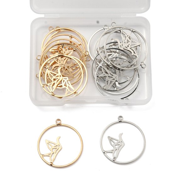 Unicraftale 20Pcs 2 Colors Alloy Hollow Pendants Ring with Paper Crane Platinum & Light Gold 28x25x1mm Hole: 1.8mm 10pcs/color