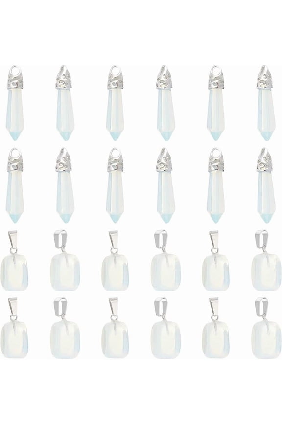 Unicraftale 24Pcs 2 Styles Opalite Pendants Nuggets & Faceted Bullet Charm with Stainless Steel Color Plated Stainless Steel Snap On Bails 15~40x8~20x5~15mm Hole: 3x4~7.5mm 12pcs/style