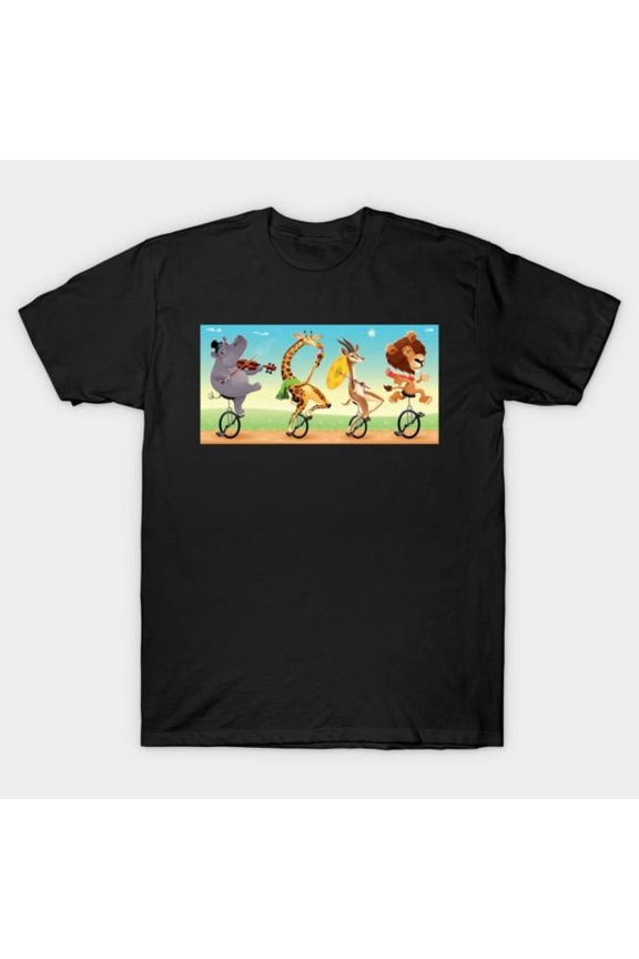 Unicycle Animals Funny Retro Cartoon Creatures Balancing Act Graphic Unisex T-Shirt, up to size 3XL.