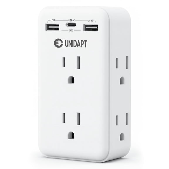 Unidapt Compact 2 to 3 Prong Outlet Adapter with 6 AC Sockets and 3 USB Ports (1 USB-C), 3-Sided Wall Plug Splitter, 1875W Max, Designed for Non-Grounded Outlets in Older Houses