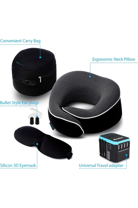 Unidapt Travel Accessories Bundle- Vacation Essential Set for Comfortable Travels, Luxury Neck Pillow Set and Premium Universal Travel Adapter