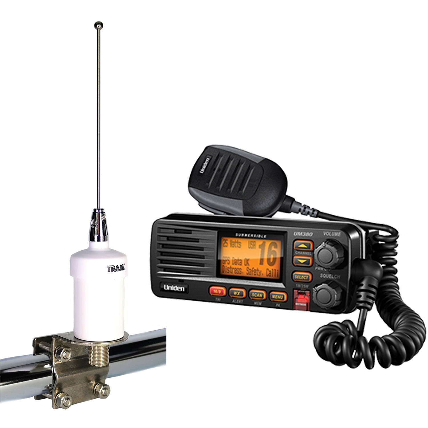 Uniden UM380 Fixed Mount VHF/2-way Marine Radio and Tram 1603 VHF Marine Antenna, White - image 1 of 1