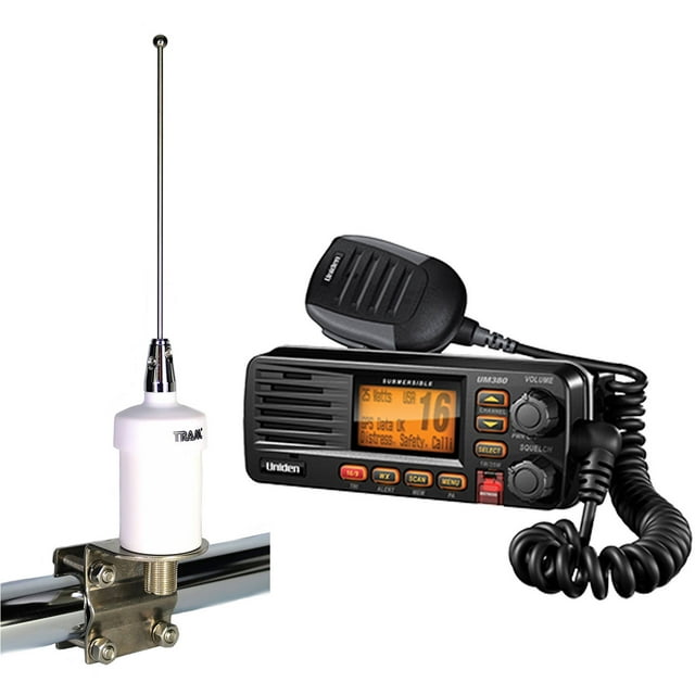 Uniden UM380 Fixed Mount VHF/2-way Marine Radio and Tram 1603 VHF Marine Antenna, White