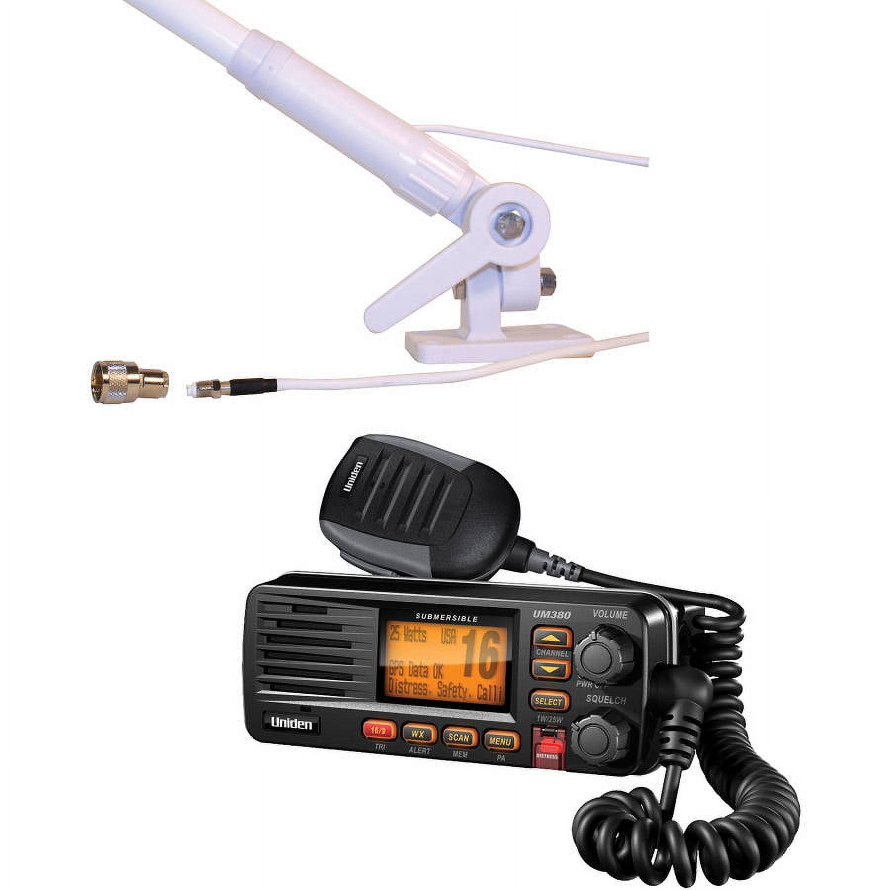 Uniden UM380Bk Fixed Mount VHF/2-Way Marine Radio and Tram 1673 AIS/VHF  4.1DBD Gain Marine Antenna, Black 