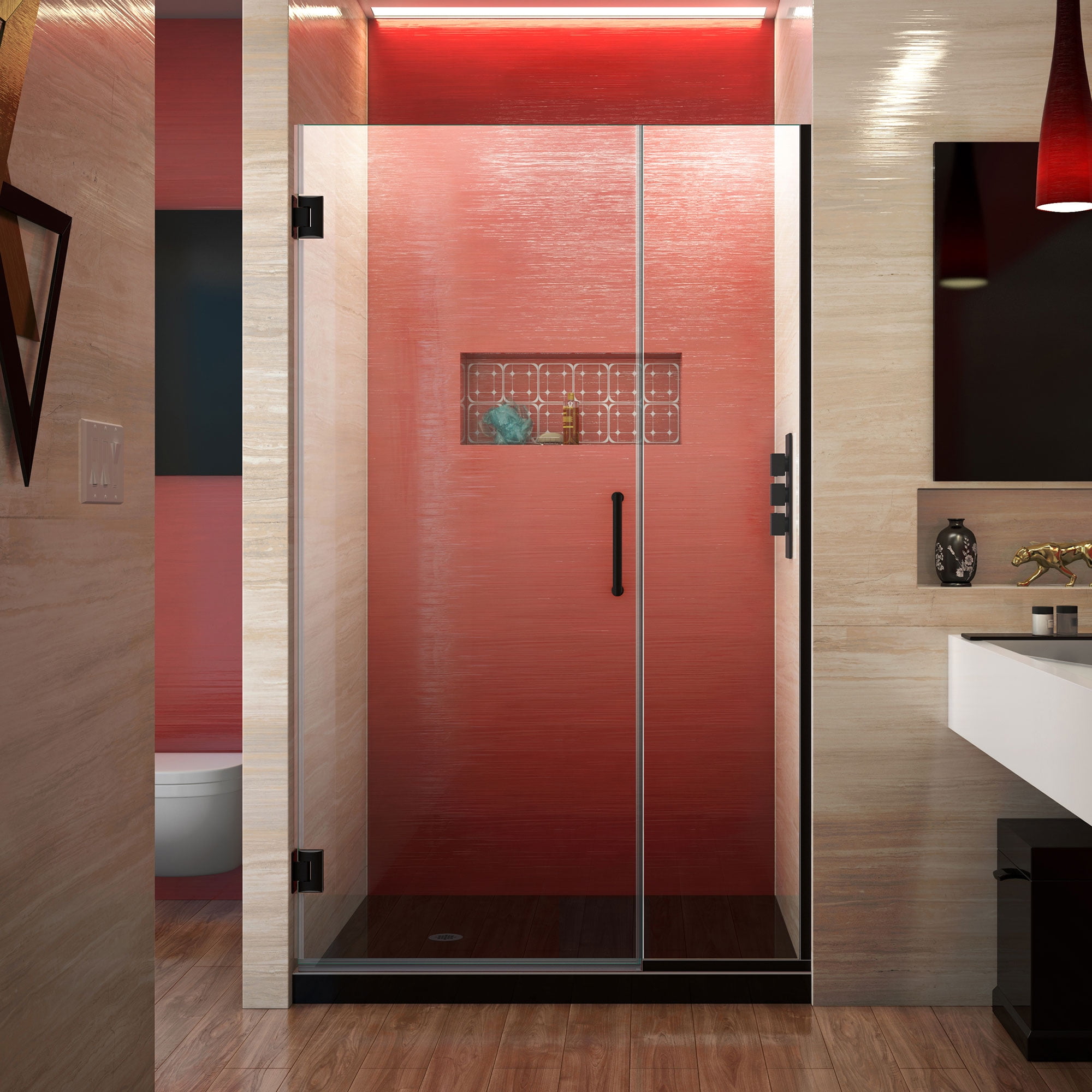 Unidoor Plus 42-42 1/2 in. W x 72 in. H Frameless Hinged Shower Door in Satin Black