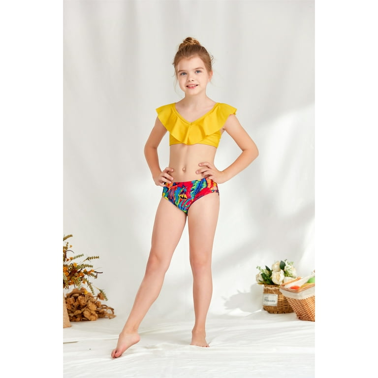 Uniexcosm Kids Girls Swimsuit Summer Bathing Suits Ruffles Swimwear Bikini  Set Beachwear Yellow
