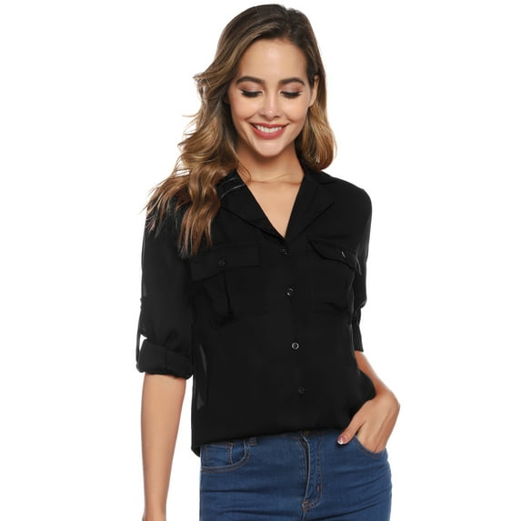 Uniexcosm Women's Chiffon Blouse V Neck Long Sleeve Shirts Tops