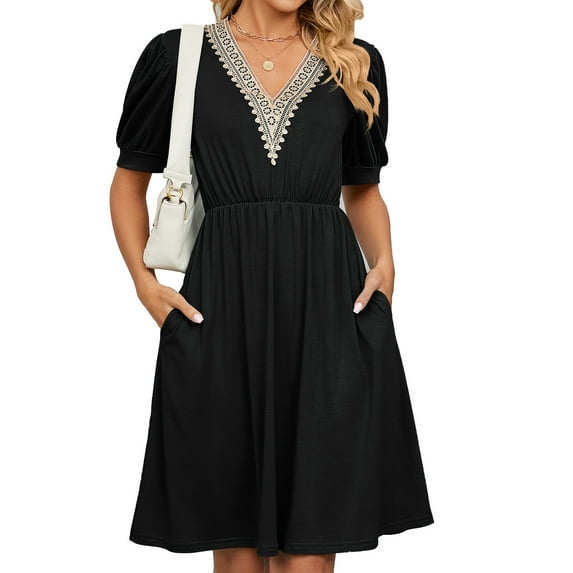 Uniexcosm Women's Dress Summer Casual Short Sleeve V-Neck Midi Dress with Pockets